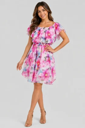 Къса рокля шифон на волани