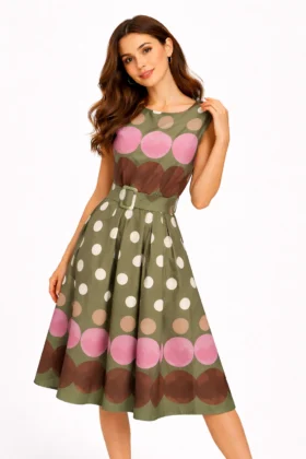 Зелена рокля на точки с колан