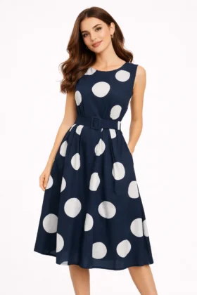 Синя рокля на точки с колан