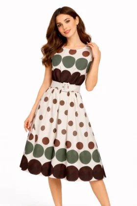 Бежова рокля на точки с колан