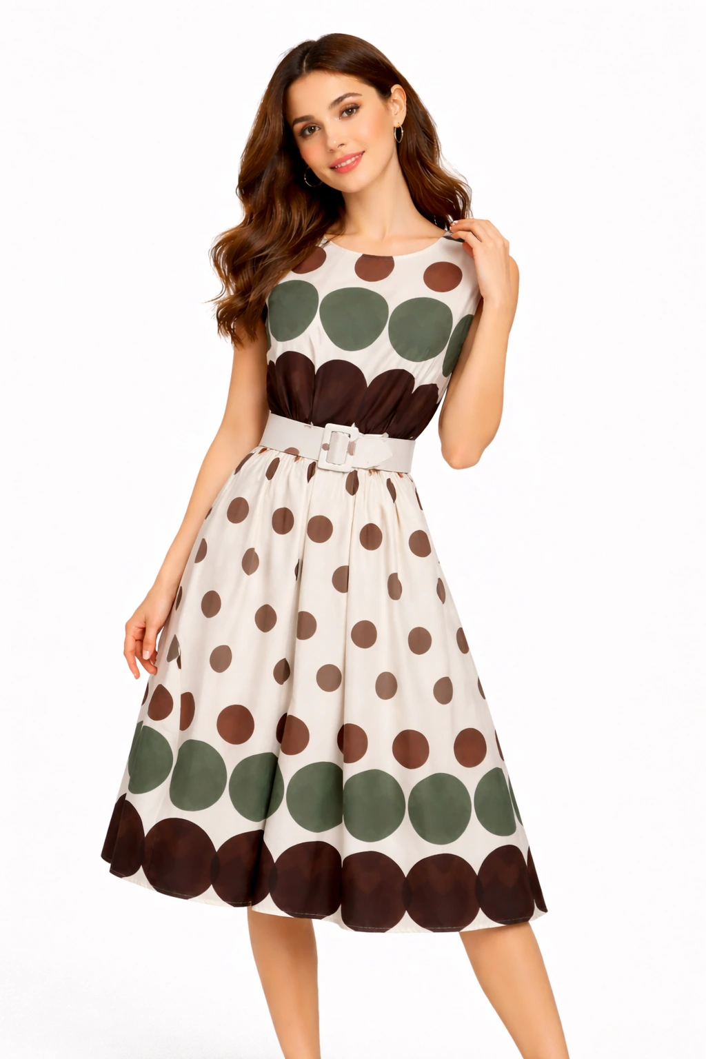 Бежова рокля на точки с колан