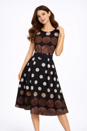 Черна рокля на точки с колан