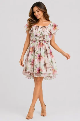 Къса рокля шифон на волани