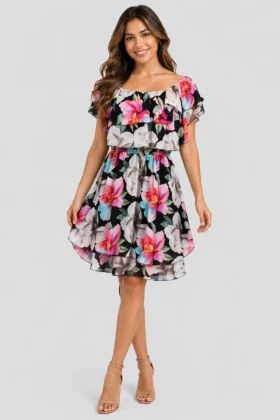 Къса рокля шифон на волани