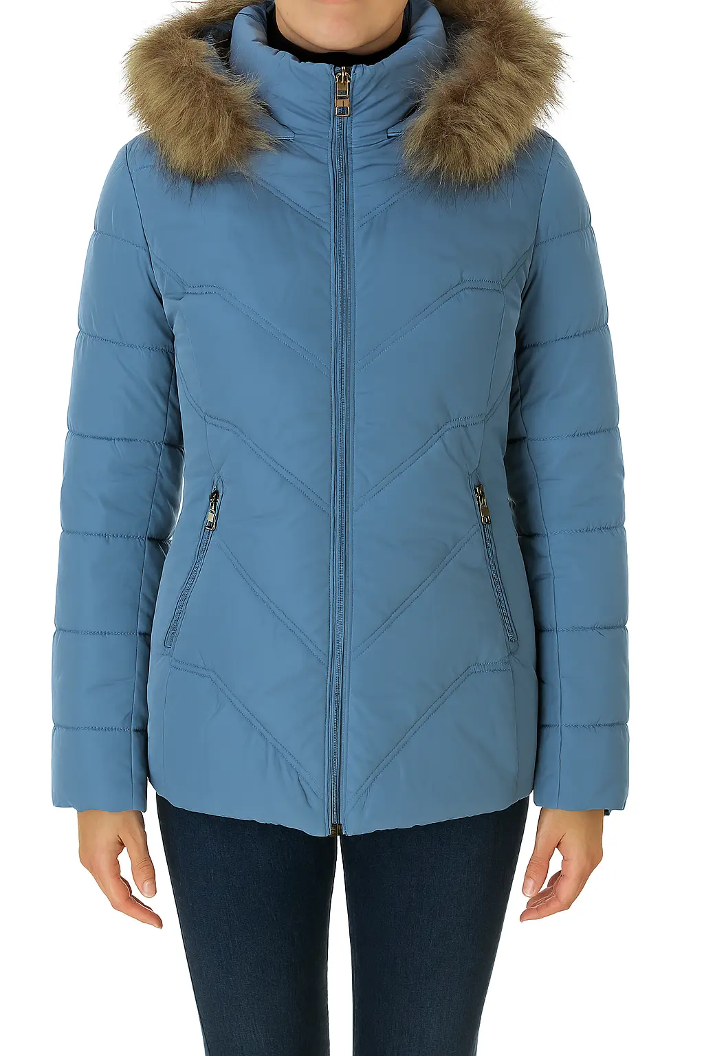 Синьо яке с пухена яка