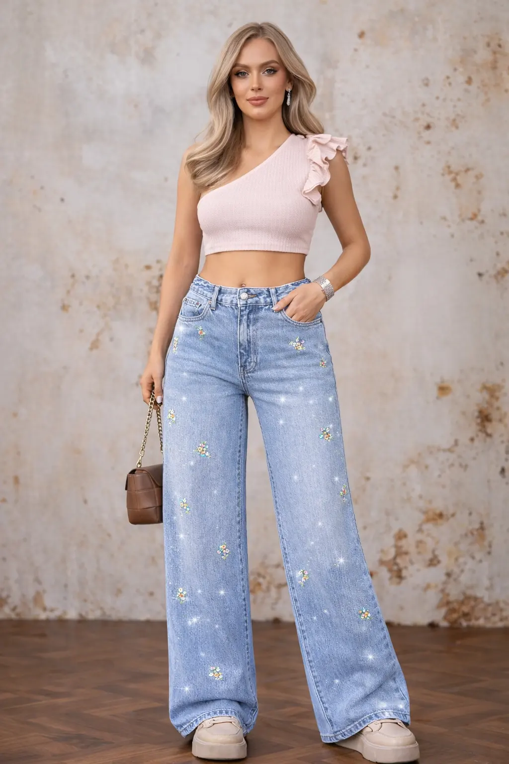 Прави дънки с бродирани цветенца