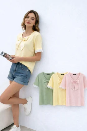 Фино плетна блуза с панделка