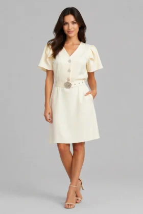 Жълта рокля с колан и копчета