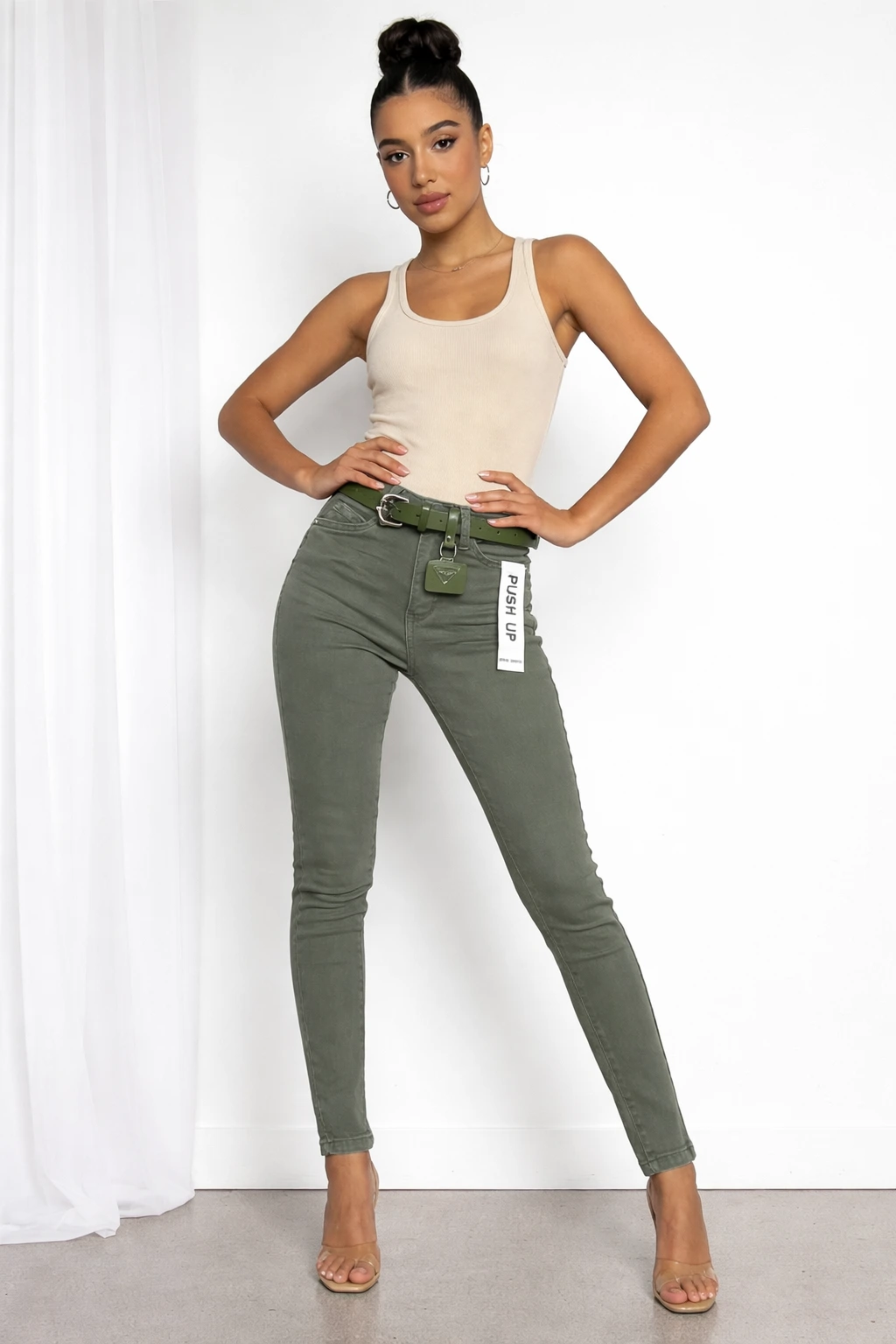 Слим дънки маслинени Push-Up